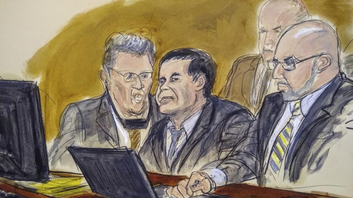 In a courtroom drawing, Joaquin "El Chapo" Guzman, center, listens to the judge's answer to a jury question Wednesday during his federal trial in Brooklyn, N.Y. Guzman sits with an interpreter and attorney Eduardo Balarezo, right. U.S. marshals sit behind them.