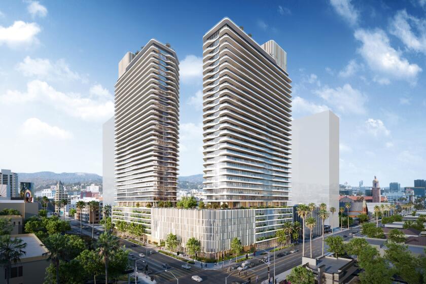 Rendering of proposed project at 6767 Sunset Boulevard in Hollywood. The $500-million apartment and recording studio complex at the intersection of Sunset and Highland Avenue would be called the CMNTY Culture Campus