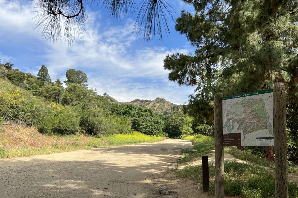 A dirt trail passes a wooden sign and grassy, shrubby vegetation.