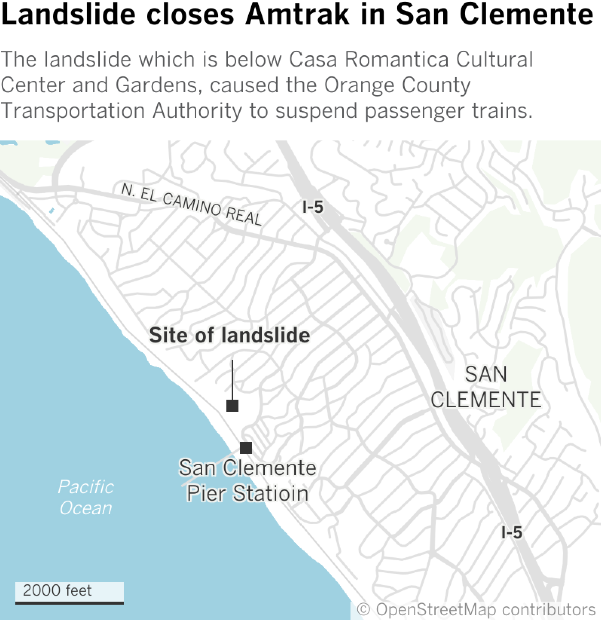 The landslide which is below Casa Romantica Cultural Center and Gardens, caused the Orange County Transportation Authority to suspend passenger trains. 