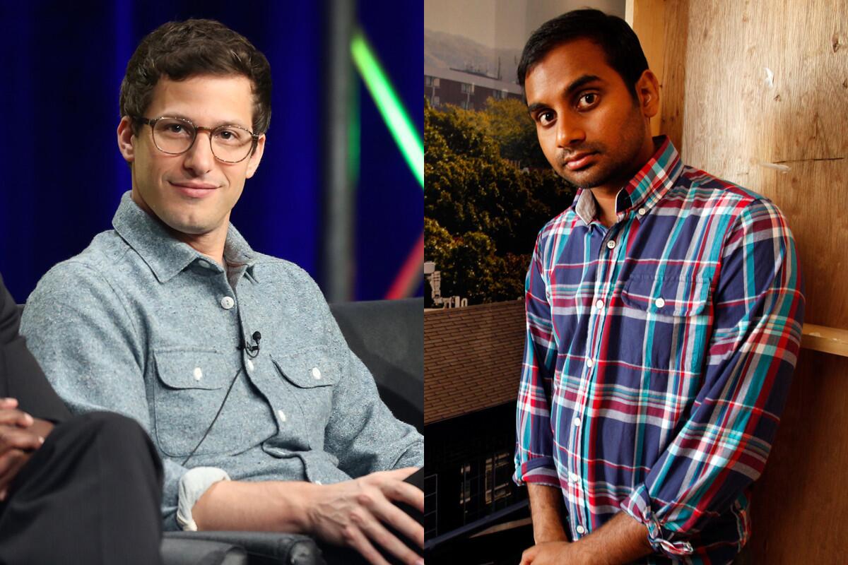 Andy Samberg, left, and Aziz Ansari will be on the dias for the Comedy Central roast of James Franco.