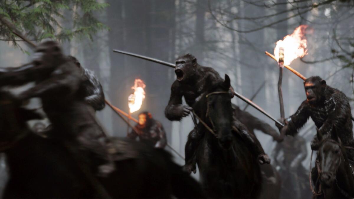 A scene from "War for the Planet of the Apes," distributed by Fox.