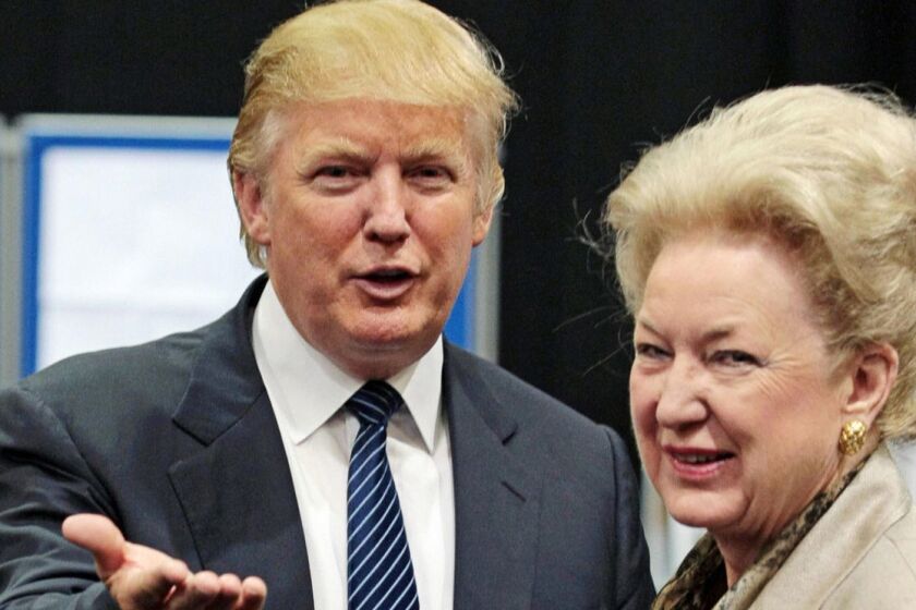 Donald Trump (left) is pictured with his sister Maryanne Trump Barry as they adjourn for lunch during a public inquiry over his plans to build a golf resort near Aberdeen, at the Aberdeen Exhibition & Conference centre, Scotland, on June 10, 2008. (Ed Jones/AFP/Getty Images/TNS) **FOR USE WITH THIS STORY ONLY** ** OUTS - ELSENT, FPG, TCN - OUTS **