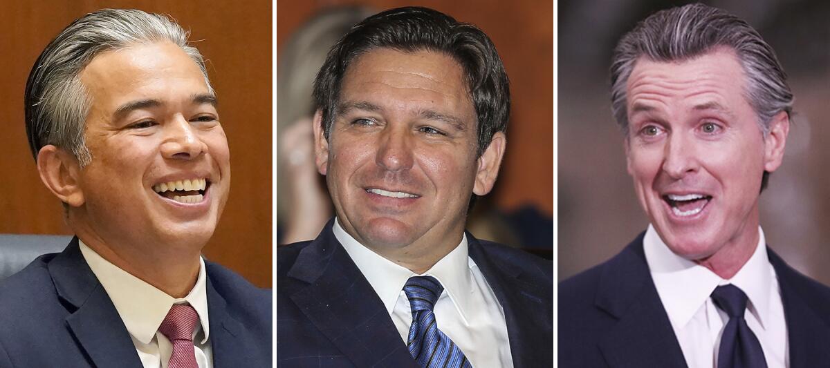 Side-by-side headshots of California Atty. Gen. Rob Bonta, Florida Gov. Ron DeSantis and California Gov. Gavin Newsom.