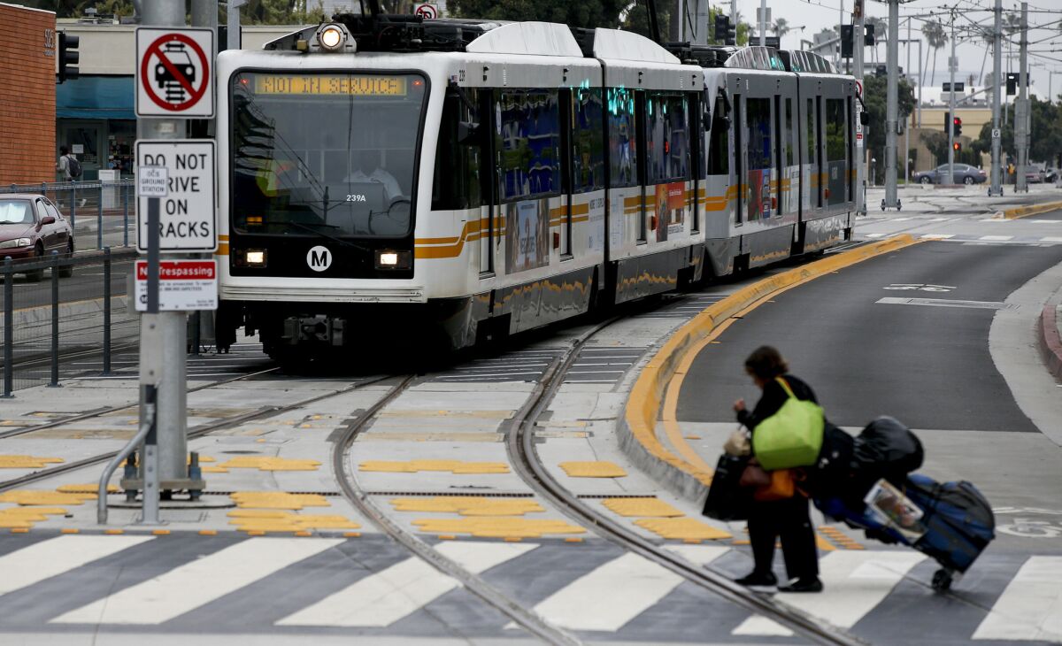 An Expo Line test train in Santa Monica on Tursday. The line opens Friday.