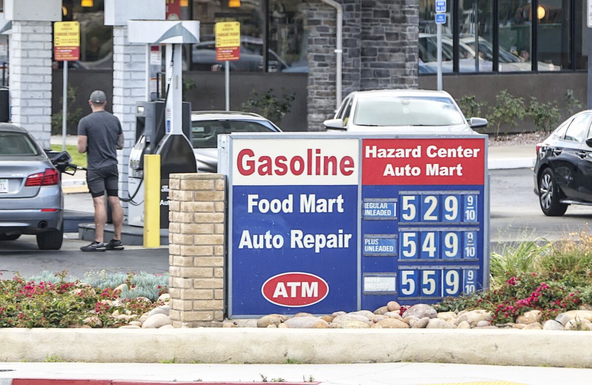 Gas prices are well above $5.00 per gallon at this Hazard Center Auto Mart gas station.