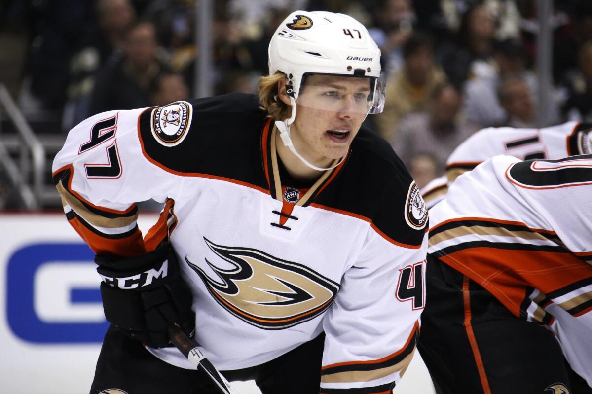 Hampus Lindholm plays for the Ducks against Pittsburgh on Feb. 8.