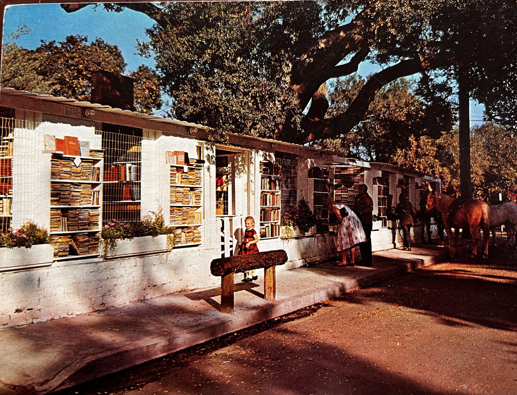 An old photo of customers browsing the outdoor shelves at Bart's Books.