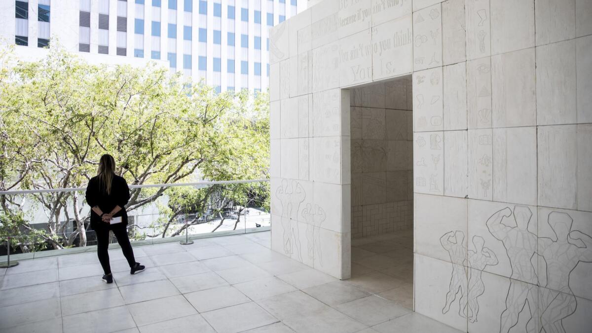 A view of Lauren Halsey's "The Crenshaw District Hieroglyph Project (Prototype Architecture)," at the Hammer Museum.