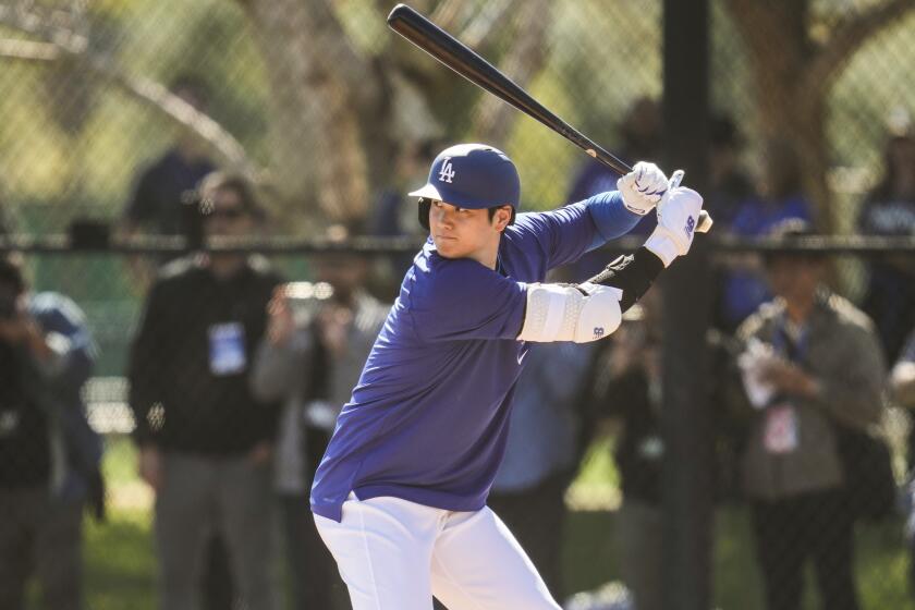 Los Angeles Dodgers designated hitter Shohei Ohtani participates in spring training.