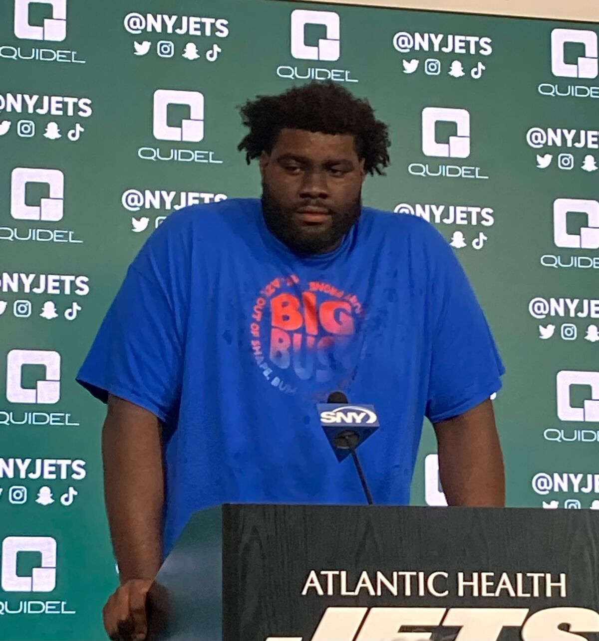 New York Jets offensive tackle Mekhi Becton speaks to reporters at the teams NFL football facility in Florham Park, N.J., Wednesday, June 15, 2022. The offensive tackle knows he is being written off by many, but insists he's going to make all of his critics "eat their words."(AP Photo/Dennis Waszak Jr.)