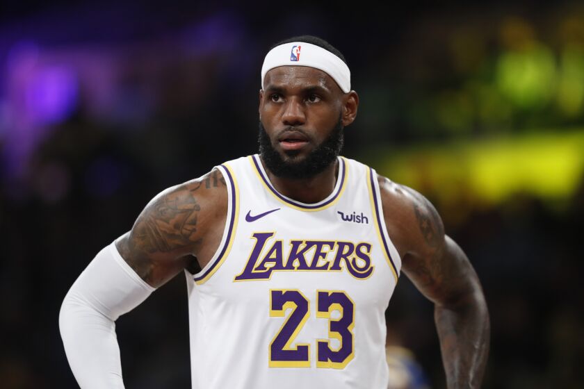 LOS ANGELES, CALIFORNIA - OCTOBER 16: LeBron James #23 of the Los Angeles Lakers looks on during the first half of a game against the Golden State Warriors at Staples Center on October 16, 2019 in Los Angeles, California. (Photo by Sean M. Haffey/Getty Images)