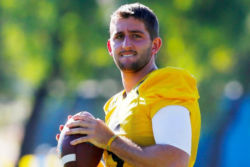 UCLA quarterback Josh Rosen warms up before a practice at Cal State San Bernardino on Aug. 15.