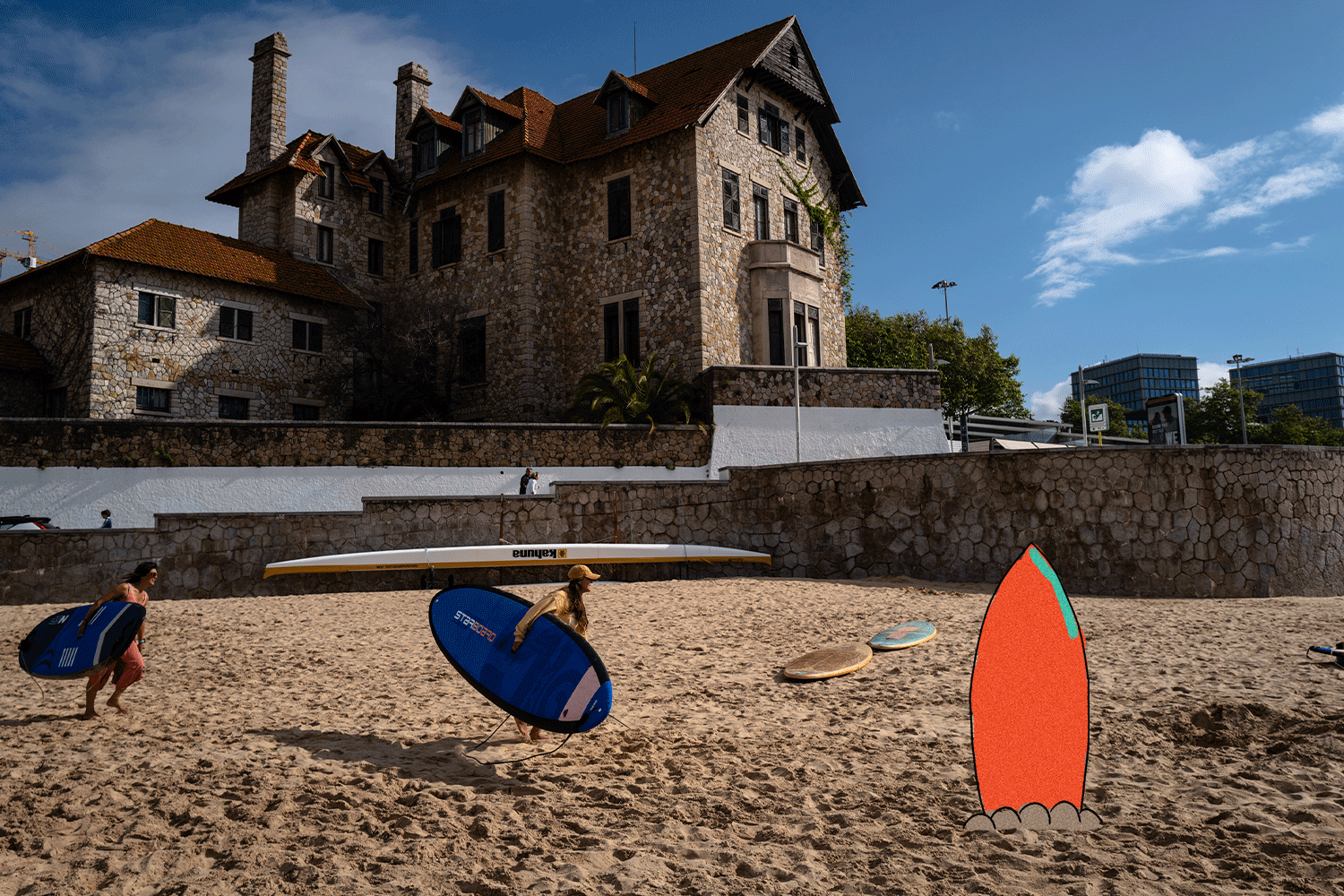 Two girls are carrying Paddle surfing boards at a beach (RIGHT) Youngsters are diving into the ocean at a beach in Cascais.