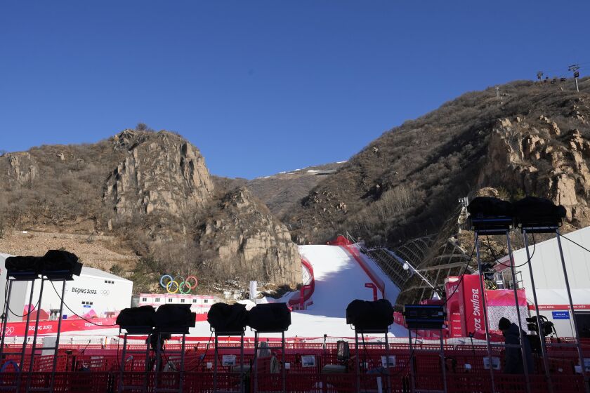 A view of an empty finish area after men's downhill training was delayed due.