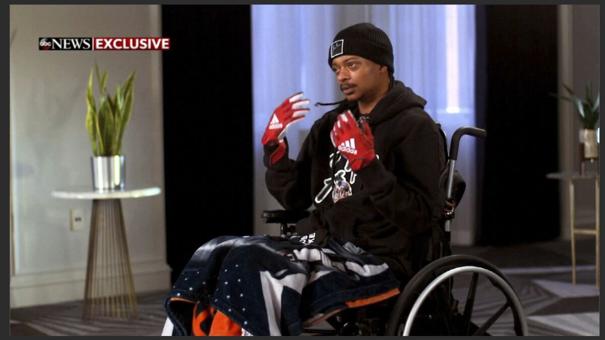 In this image taken from video provided by ABC, Jacob Blake speaks during an interview broadcast on ABC News' Good Morning America on Thursday, Jan. 14, 2021. Blake, who was shot in the back Aug. 23, 2020, by a white police officer in Wisconsin, triggering several nights of violent protests, said he was prepared to surrender just before the officer opened fire. (ABC News/Good Morning America via AP)