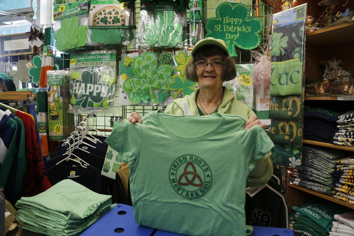 Proud of her Irish heritage, Monica Cavanaugh sells everything Irish in her shop in Butte, Montana. (Mark Boster / Los Angeles Times)