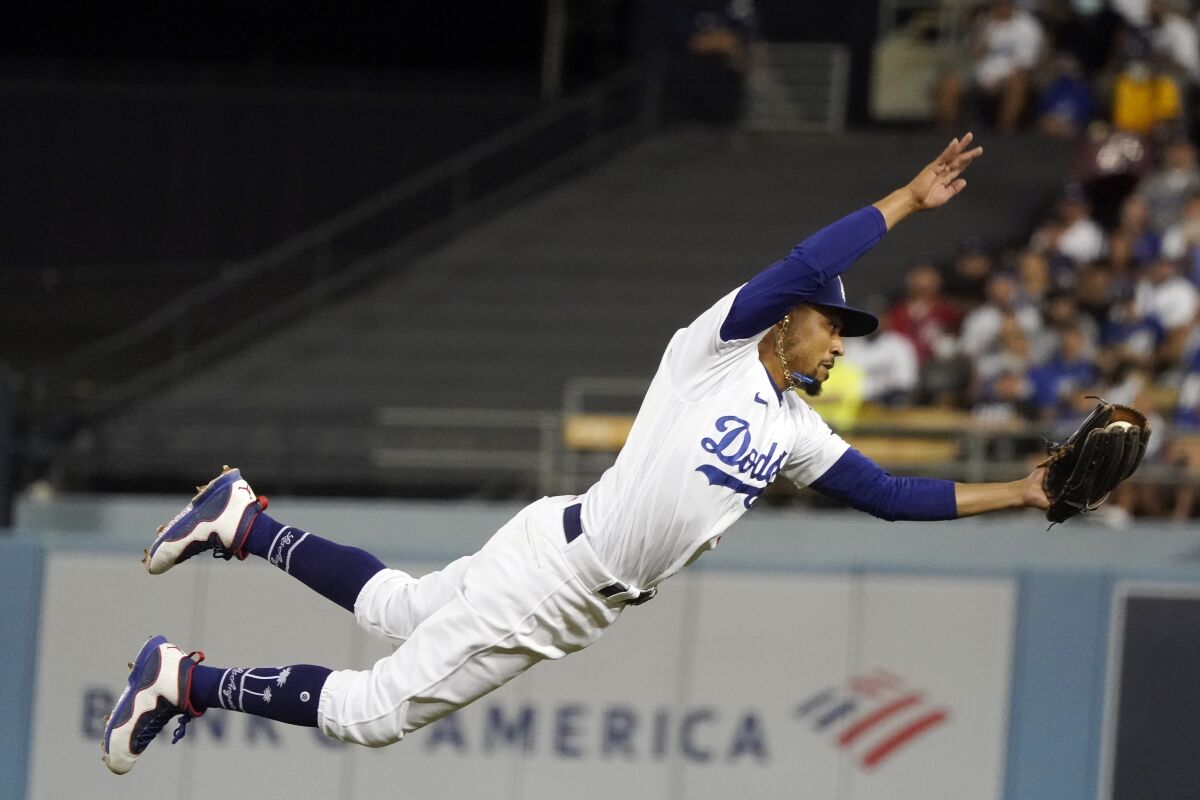 Dodgers player making a diving catch