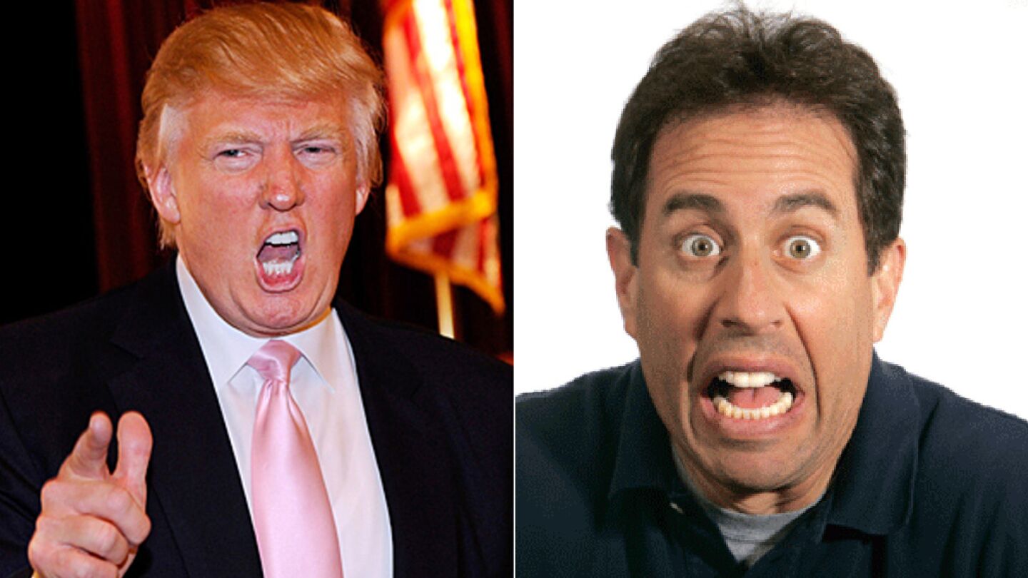 "Hello, Donald." OK, so it doesn't quite have the same ring to it as "Hello, Newman," the greeting the fictional Jerry Seinfeld gave to his arch-nemesis, played by Wayne Knight, on the comedian's popular sitcom. But Seinfeld's verbal bout with Trump was unscripted -- and seemingly largely one-sided -- so imperfect phrasing can be forgiven. Yet should one cross Trump, don't expect a shrug and a handshake. Instead, Seinfeld received a rant after the comedian backed out of a charity benefit hosted by one of Trump's sons, supposedly because of the birther issue. Seinfeld's camp has been relatively quiet, but Trump was quoted as taking a swing at Seinfeld's TV credits. No, not the beloved "Seinfeld," but instead the unscripted show "The Marriage Ref." Said Trump, "What I do feel badly about is that I agreed to do, and did, your failed show, 'The Marriage Ref,' even though I thought it was absolutely terrible."