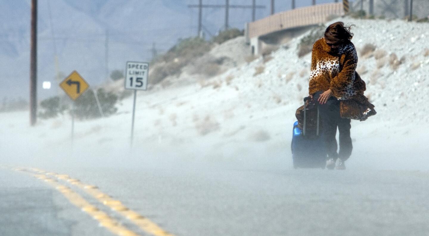 Pulling her luggage, a woman braves the high gusting winds and blowing sand while walking on a service road to catch a ride after arriving on a bus at the Palm Springs train station.