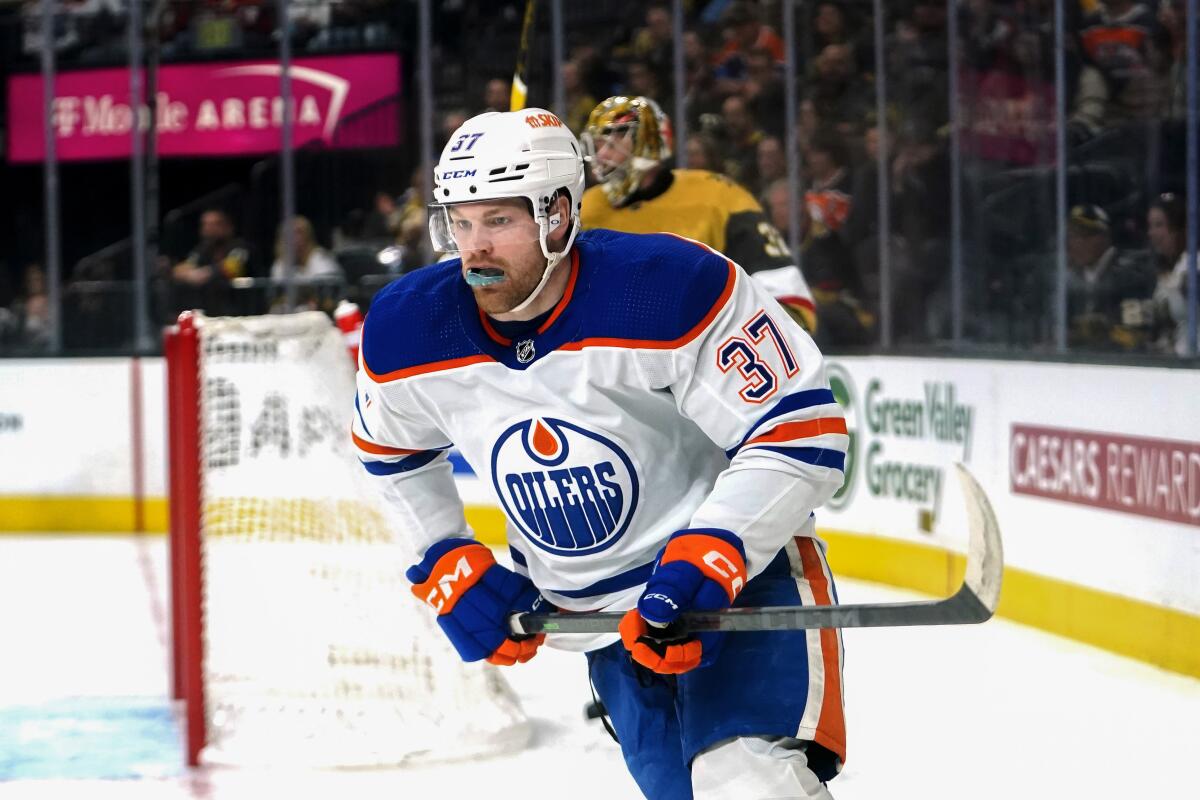 Edmonton Oilers forward Warren Foegele plays against the Vegas Golden Knights in March.