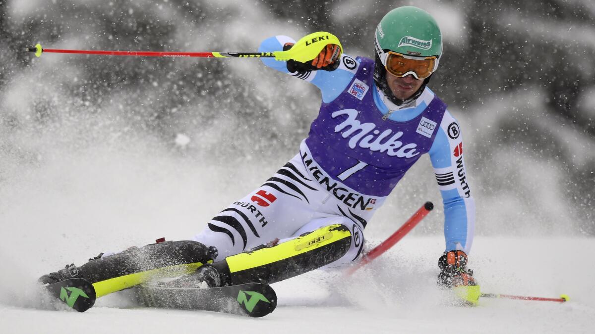 Germany's Felix Neureuther competes in Saturday's World Cup slalom race in Switzerland.