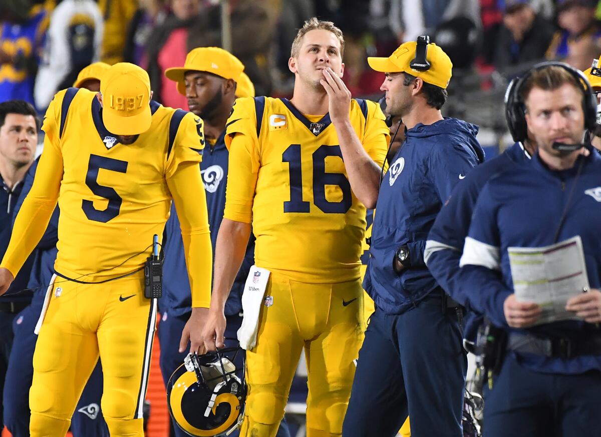 Rams quarterback Jared Goff looks on from the sideline duirng the fourth quarter of the 45-6 loss to  the Ravens at the Coliseum.