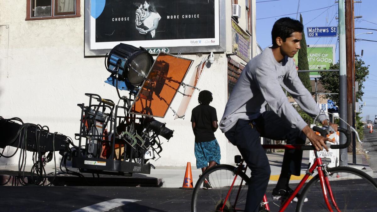 Lighting gear is set up at the corner of Mathews St. and East 1st Street in Boyle Heights where the Starz show "Vida" was being filmed.