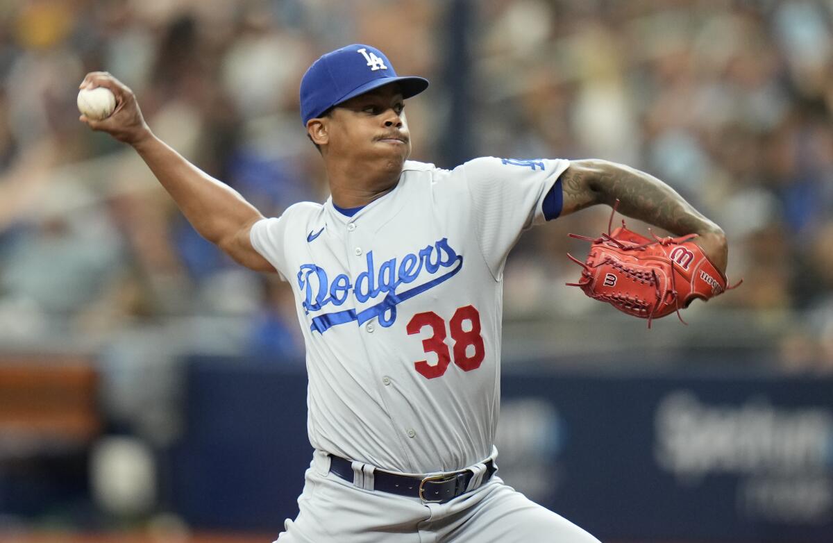Los Angeles Dodgers relief pitcher Yency Almonte (38) against the Tampa Bay.