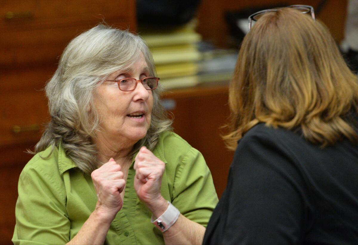 Susan Mellen rejoices after L.A. County Superior Court Judge Mark S. Arnold threw out her murder conviction.