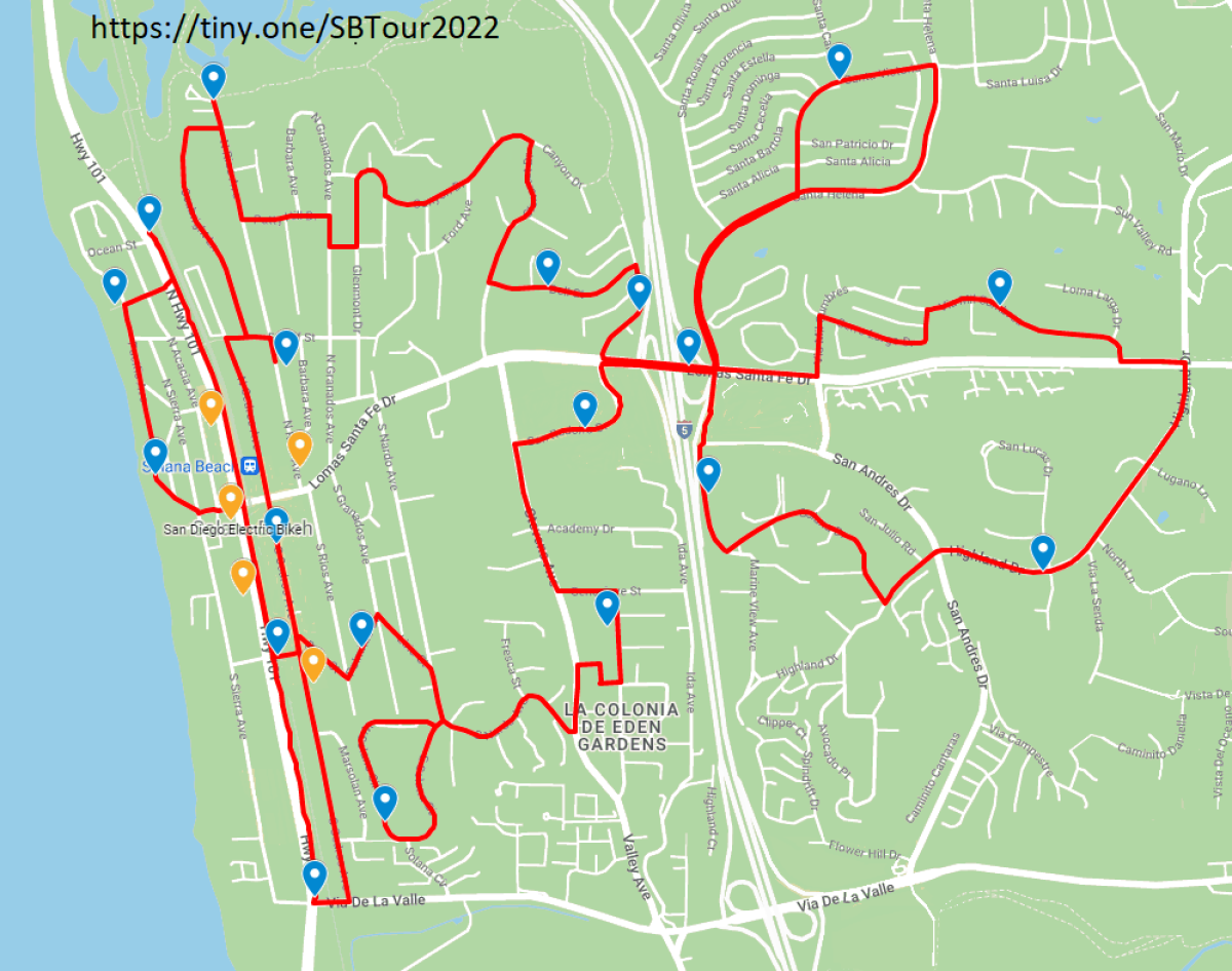Map of route for the tour of Solana Beach. Both the Scavenger Hunt and the Community Ride will use the same route on the map.