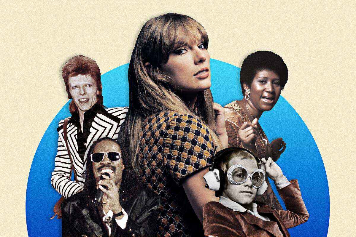A collage illustration of musicians David Bowie, Stevie Wonder, Taylor Swift, Aretha Franklin and Elton John.