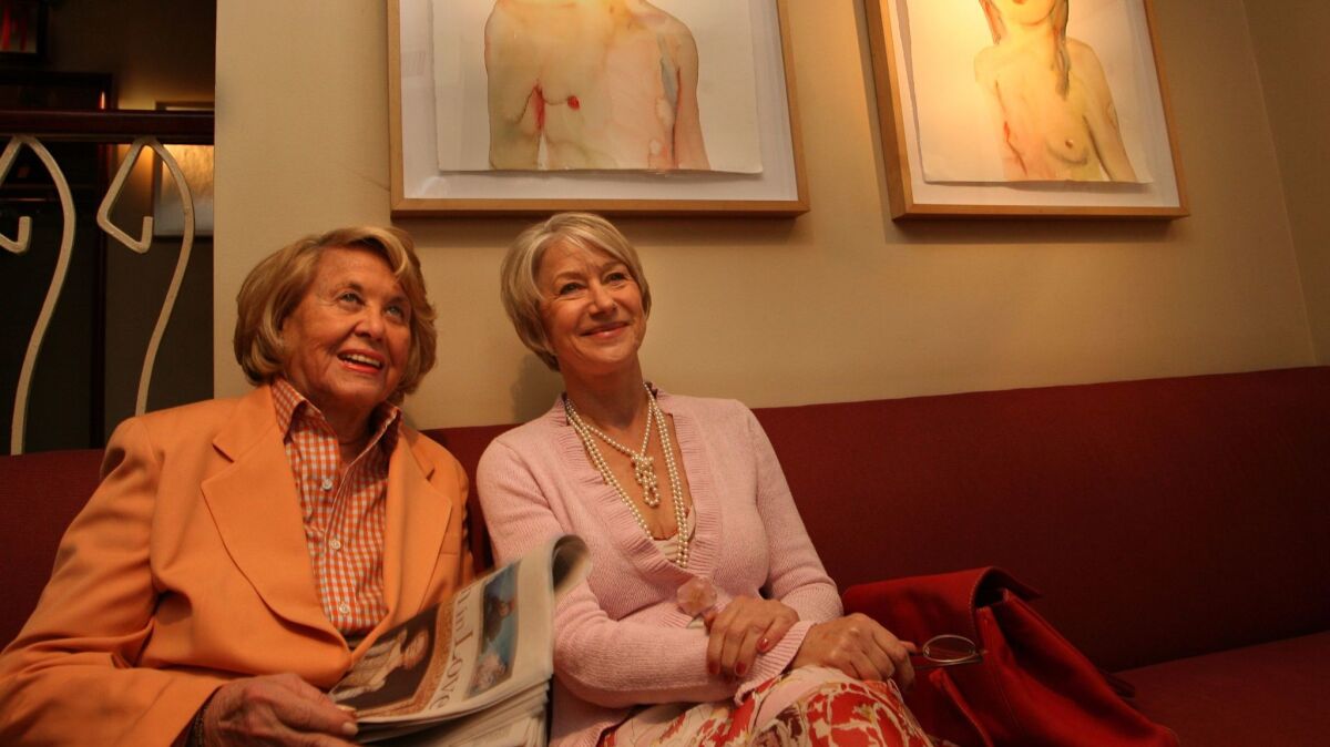 New York columnist Liz Smith, left, and actress Helen Mirren wait for a third in their lunch party at Michael's restaurant.