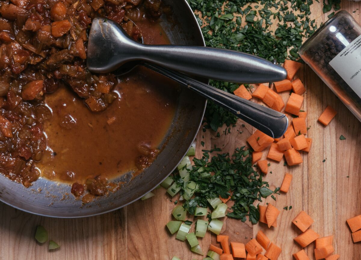 Ingredients used to make a brisket dish are seen at the Los Angeles Times' studio kitchen.