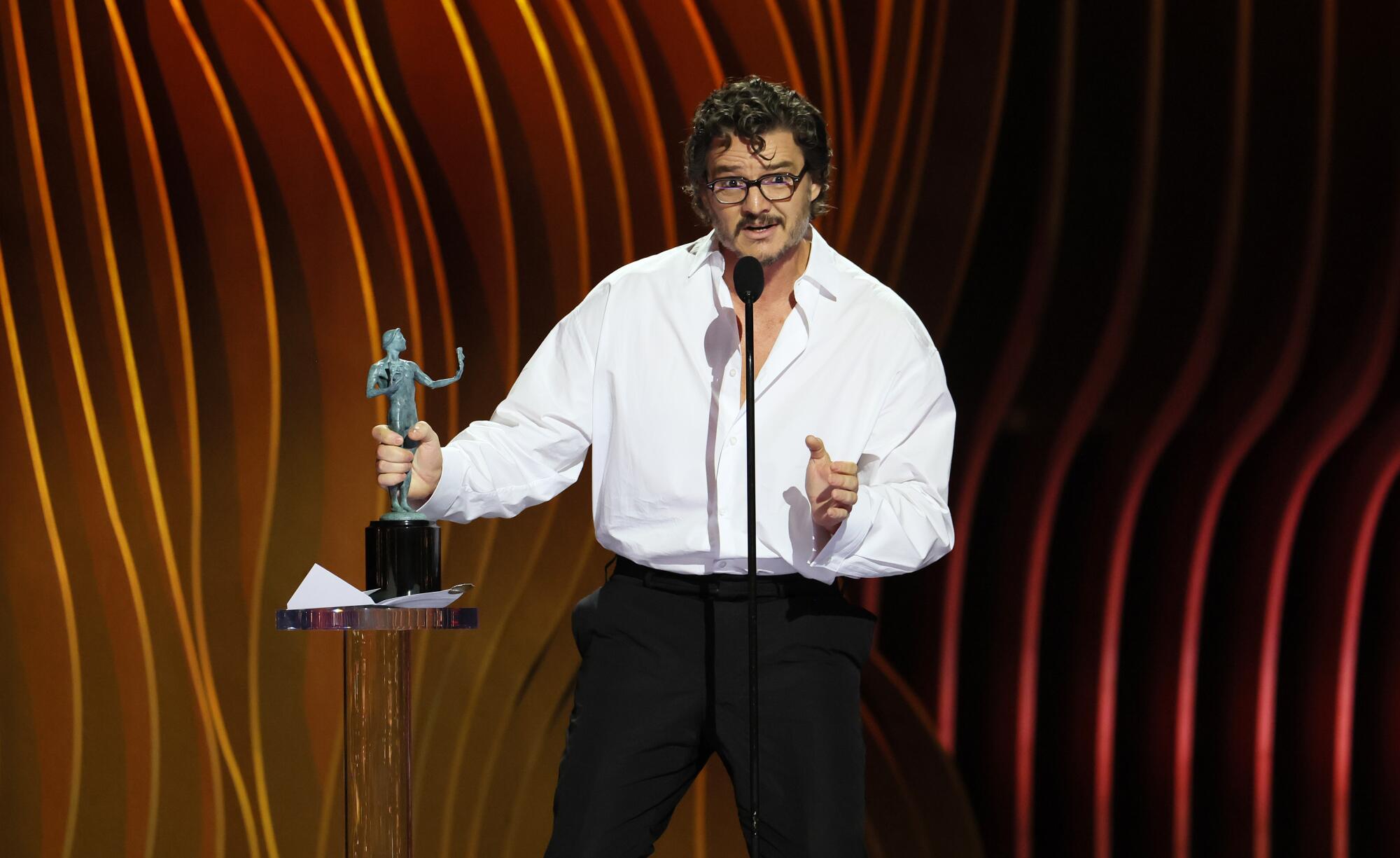 Pedro Pascal accepts his SAG Award for "The Last of Us."