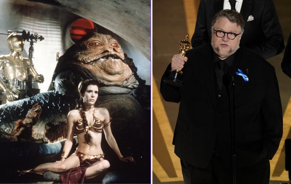 Enslaved Princess Leia with slug-like alien Jabba the Hutt. Guillermo del Toro wears a black suit and holds an Oscar.