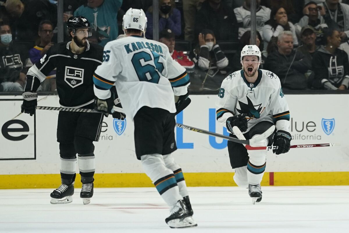 San Jose Sharks center Tomas Hertl (48) celebrates after scoring during overtime of an NHL hockey game against the Los Angeles Kings Thursday, March 10, 2022, in Los Angeles. The Sharks won 4-3 in overtime. (AP Photo/Ashley Landis)