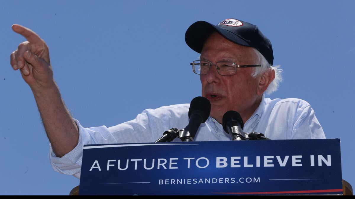 Democratic presidential candidate Sen. Bernie Sanders, I-Vt., speaks during a campaign rally in Cathedral City, Calif., on May 25, 2016.