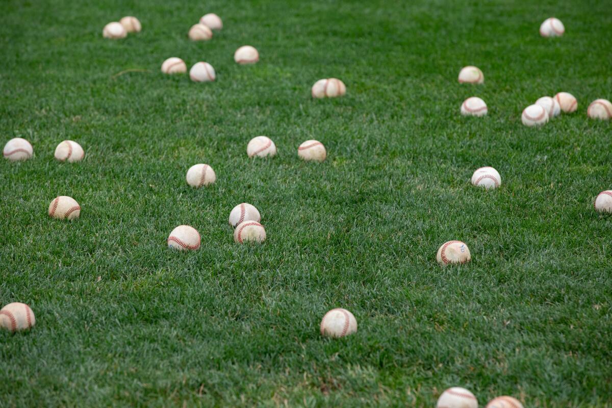  Baseballs lay on the grass during a practice.