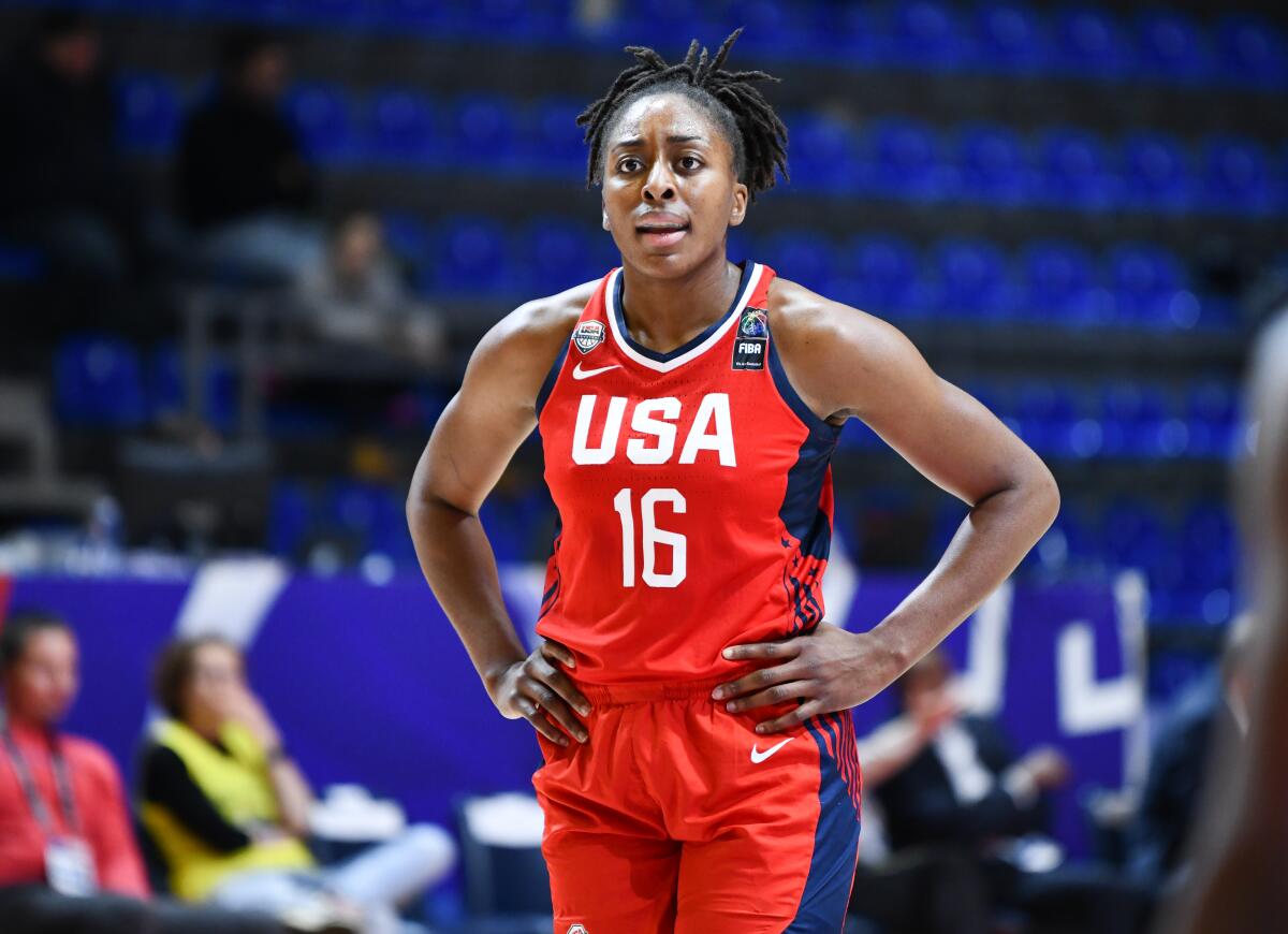 Nneka Ogwumike plays for Team USA against Mozambique during the FIBA women's Olympic qualifying tournament in Belgrade, Serbia, on Feb. 8.