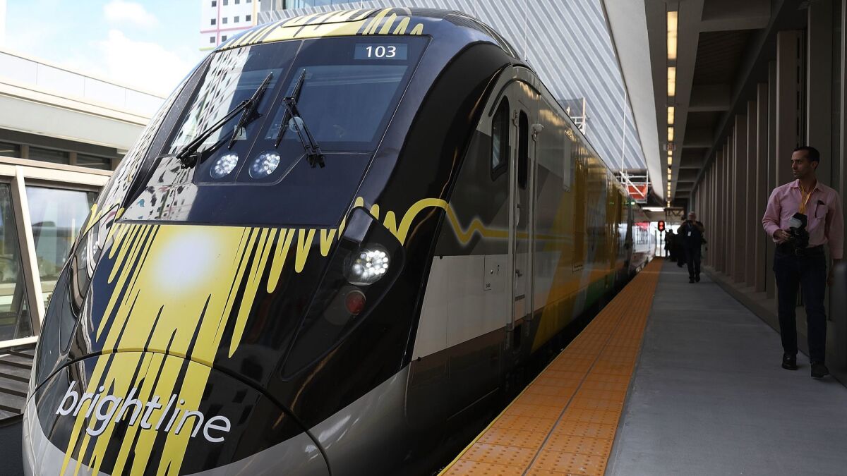 The Brightline train during its inaugural trip from Miami to West Palm Beach in May.