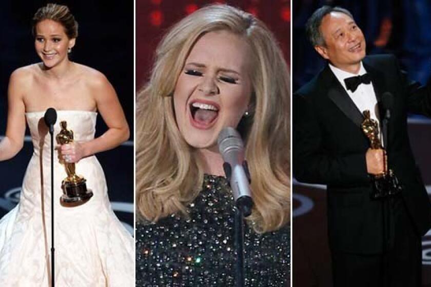 Jennifer Lawrence, Adele, Ang Lee and more took home Oscar statuettes at the 85th Academy Awards on Sunday, Feb. 24, 2013. The star-studded event, hosted by comedian Seth MacFarlane, included musical numbers and big wins for "Argo" for best picture, Daniel Day-Lewis for lead actor and Jennifer Lawrence for lead actress. Here's a look at some highlights from the show.