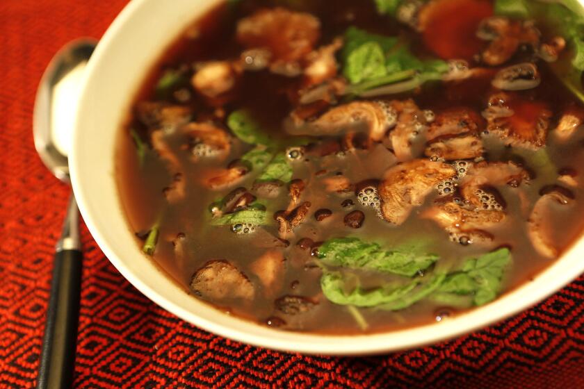 Red wine adds depth to this soup. Recipe: Grub's spinach-mushroom-ginger soup