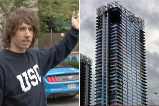 LEFT:Los Angeles, California-May 17, 2024- Shocking video captured a daredevil walking a tightrope between two downtown Los Angeles skyscrapers. Oceanwide Plaza, a $1 billion mixed-use retail and luxury apartment building, has been vacant for years and has become infamously known as the graffiti towers, attracting artists and those looking to perform death-defying stunts. YouTuber Ben Schneider, called Reckless Ben, was the latest to attempt a stunt at the location when he walked across a slackline between the buildings, looming high above the L.A. skyline. (OnScene/KTLA) RIGHT: LOS ANGELES, CA - FEBRUARY 01: Taggers sprayed graffiti on at least 27 floors of a partially completed downtown Los Angeles skyscraper directly across from Crypto.com Arena at LA Live. Towers are located at the intersection of Figueroa Street. and 12th. Street on Thursday, Feb. 1, 2024 in Los Angeles, CA. (Irfan Khan / Los Angeles Times)