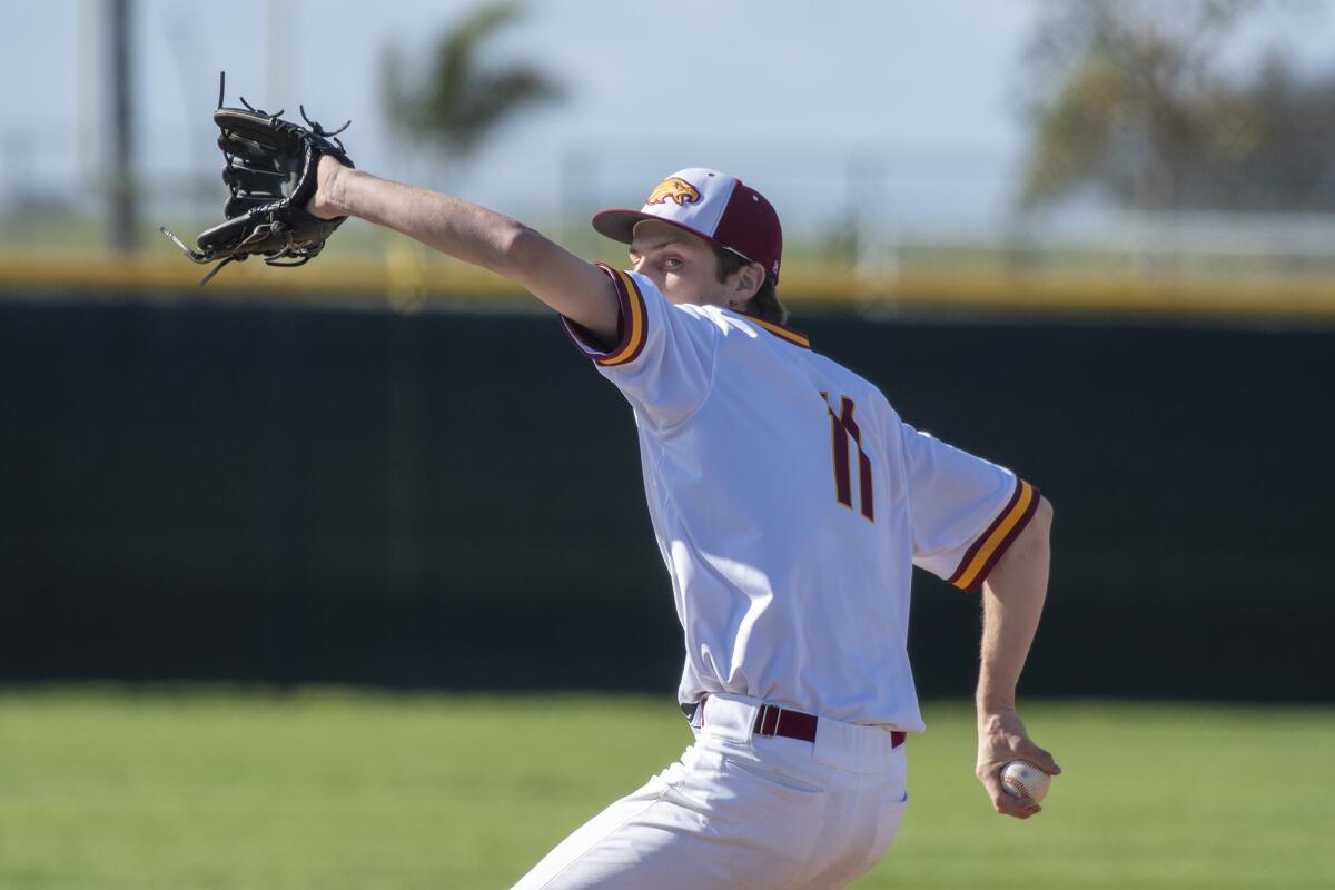 Estancia's Jake Covey pitches during an Orange Coast League game against rival Costa Mesa on March 8, 2019.