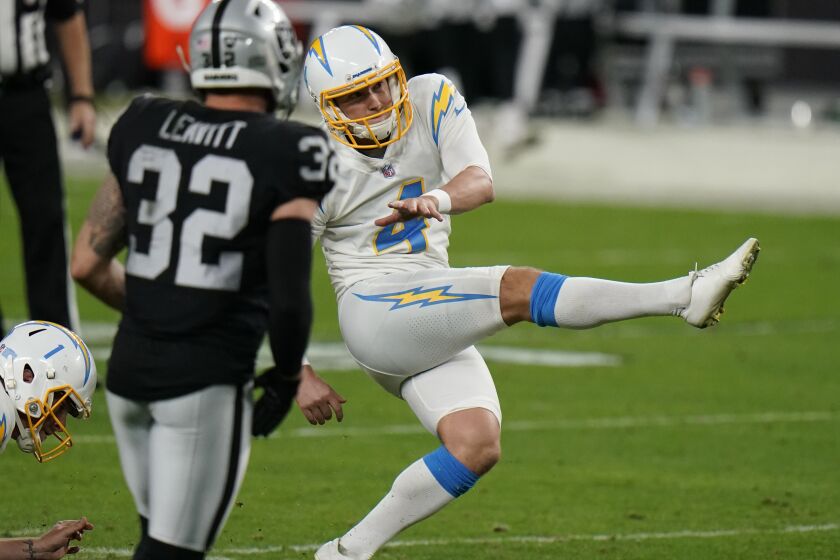 Los Angeles Chargers place kicker Michael Badgley #4 attempts to kick a field goal.