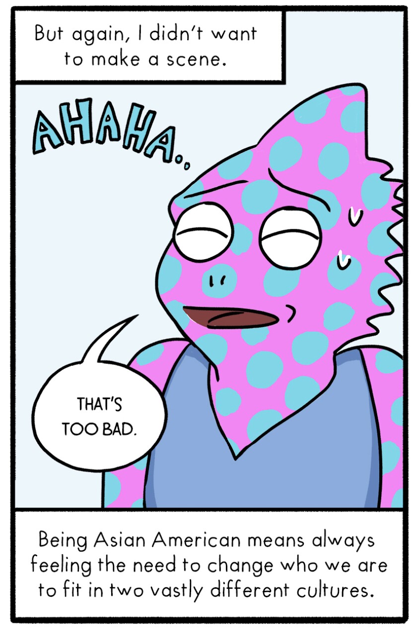 Illustration of a chamelon laughing off microaggression.