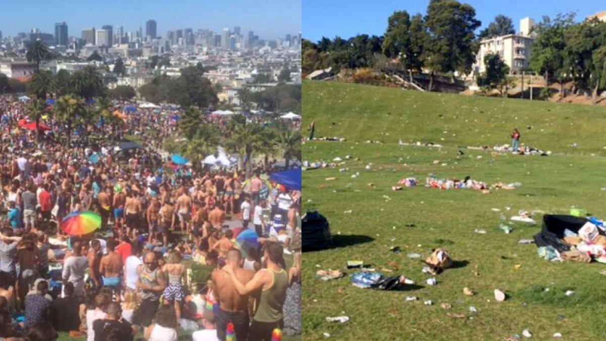 Dolores Park on Saturday and its aftermath. (Amy Graff / San Francisco Chronicle)