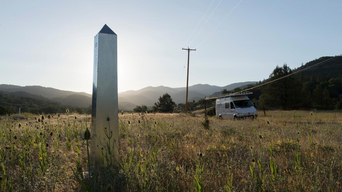 A sheet metal obelisk by David Taylor and Marcos Ramirez Erre somewhere south of Ashland, Ore. -- part of a project marking the 1821 U.S.-Mexico border now on view at MCASD. (Marcos Ramirez Erre and David Taylor)