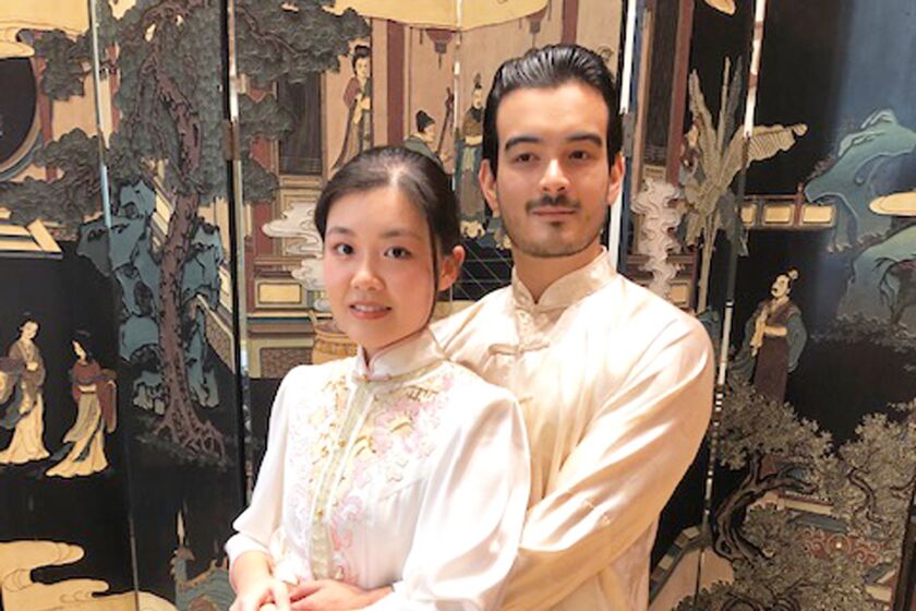 Lia Zheng and Jordan Fan portray the young lovers in “Romance of the Western Chamber - the Musical.”